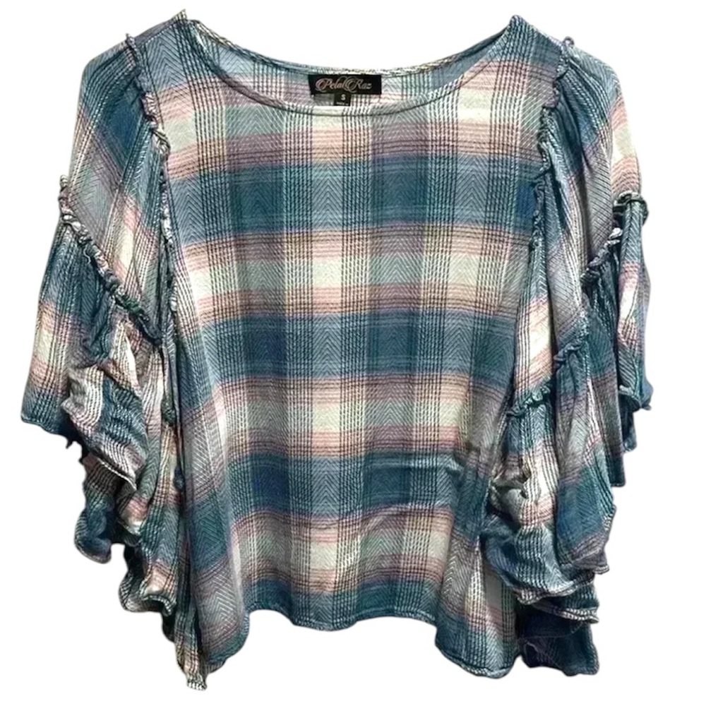 PETAL ROSE PINK AND BLUE PLAID FLOWING BELL SLEEVE SLIGHTLY CROPPED TOP